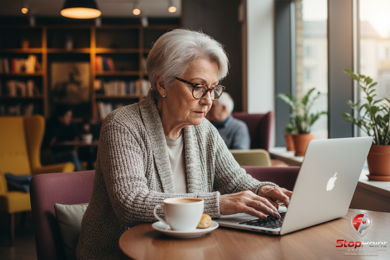 Elderly Person at Coffee Shop with StopPoint Watermark