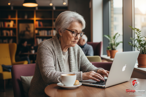 Elderly Person at Coffee Shop with StopPoint Watermark